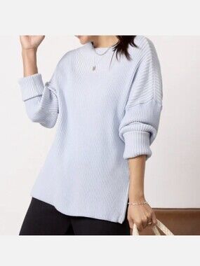 Varley Kingsley Ribbed Knit Oversized Sweater Side Zippers Light Blue Medium